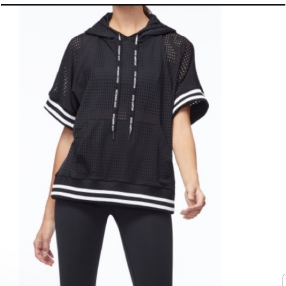 Good American Mesh Perforated Hoodie short sleeve Black Size GA 1 (S) Loose Fit - Picture 1 of 6